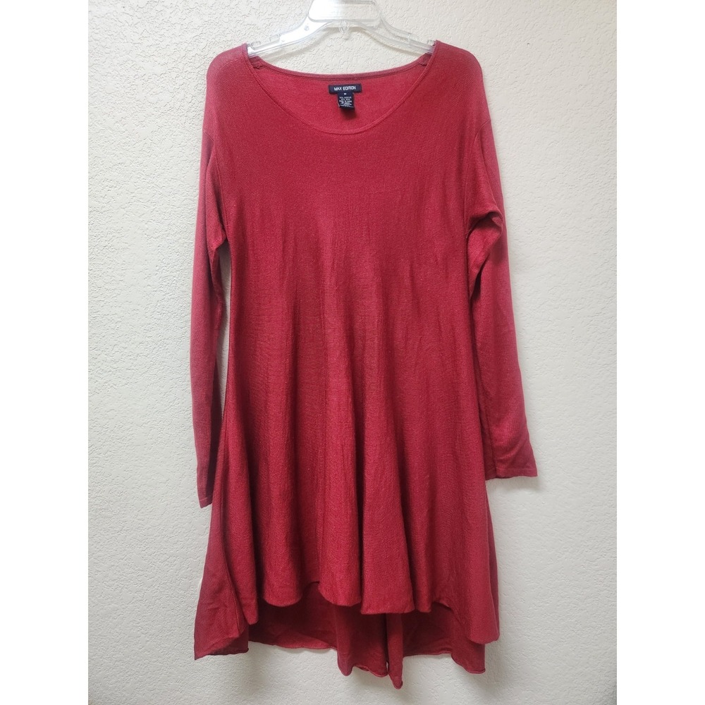 Max Edition Women M Red Wool Acrylic Knit High Low Long Sleeve Tunic Fit Flare